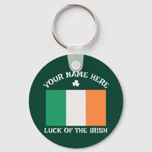 St Patrick's Day Ireland Flag Custom Name Shamrock Keychain