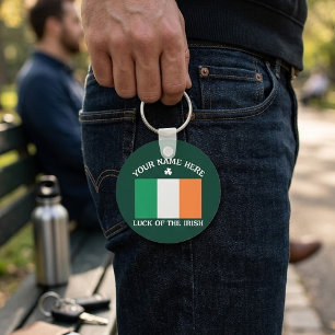 St Patrick's Day Ireland Flag Custom Name Shamrock Keychain