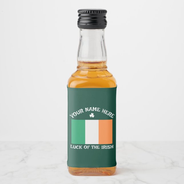 St Patrick's Day Ireland Flag Custom Name Shamrock Liquor Bottle Label (Front)