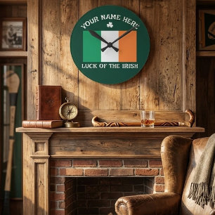 St Patrick's Day Ireland Flag Custom Name Shamrock Round Clock