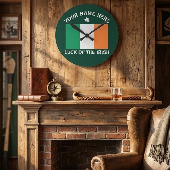 St Patrick's Day Ireland Flag Custom Name Shamrock Round Clock (Creator Uploaded)