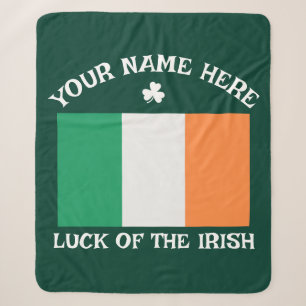 St Patrick's Day Ireland Flag Custom Name Shamrock Sherpa Blanket
