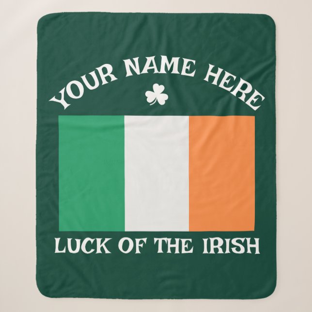 St Patrick's Day Ireland Flag Custom Name Shamrock Sherpa Blanket (Front)