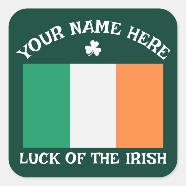St Patrick's Day Ireland Flag Custom Name Shamrock Square Sticker (Front)