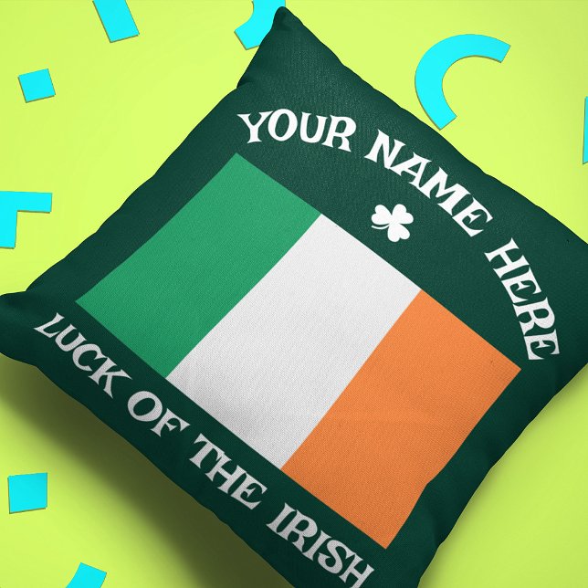 St Patrick's Day Ireland Flag Custom Name Shamrock Throw Pillow (Creator Uploaded)