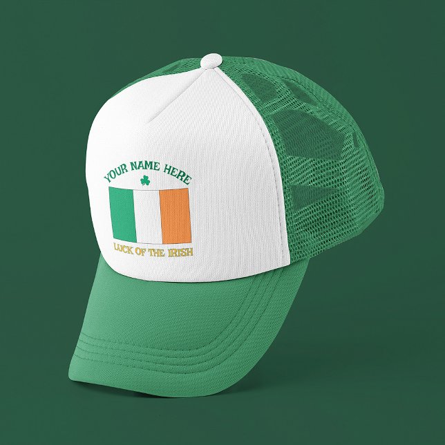 St Patrick's Day Ireland Flag Custom Name Shamrock Trucker Hat (Creator Uploaded)