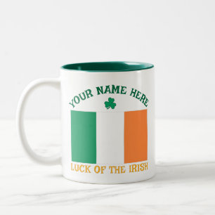 St Patrick's Day Ireland Flag Custom Name Shamrock Two-Tone Coffee Mug