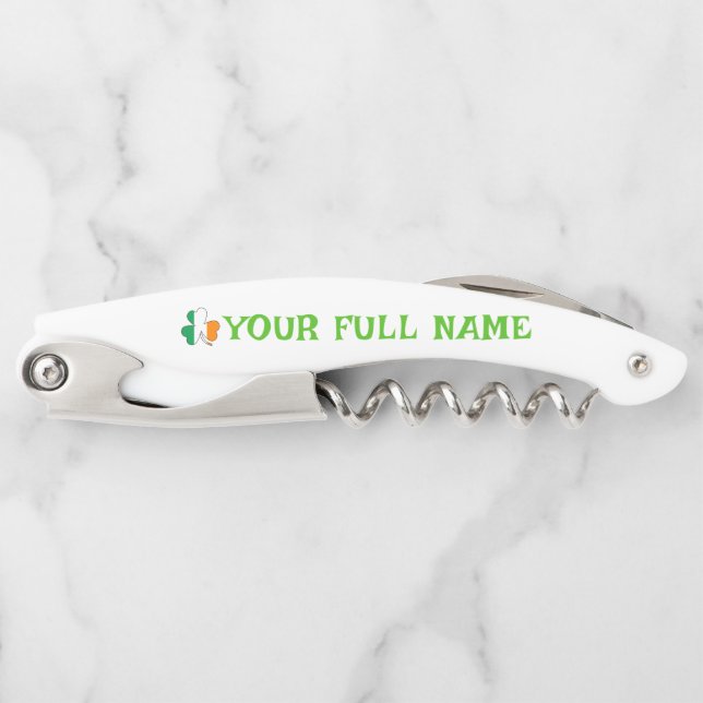 St Patrick's Day Ireland Flag Shamrock Custom Name Corkscrew (Front)