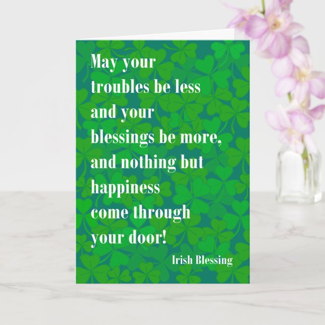 St Patrick's Day Irish Blessing on Green Shamrocks Card (Orchid)