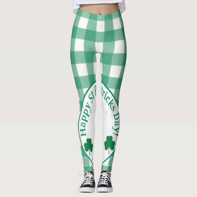 St Patricks Day Irish Clover Green Check Leggings (Front)