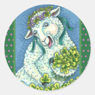 ST. PATRICK'S DAY IRISH EWE, SHEEP & SHAMROCKS CLASSIC ROUND STICKER