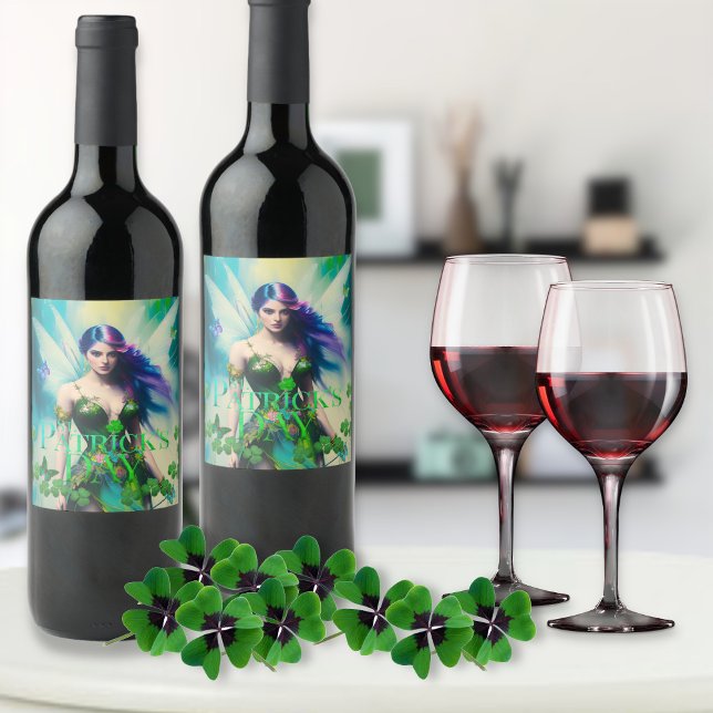 St Patrick's Day Irish Fairy with Butterfly detail Wine Label (Creator Uploaded)