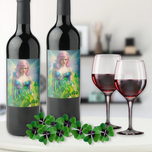 St Patrick's Day Irish Fairy with Clover detail Wine Label (Creator Uploaded)