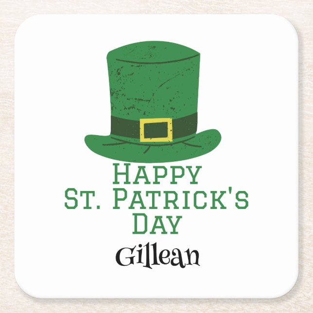 St. Patrick's Day Irish green hat lucky Shamrock  Square Paper Coaster (Front)