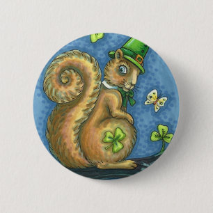 ST. PATRICK'S DAY IRISH LEPRECHAUN SQUIRREL, Lucky 2 Inch Round Button