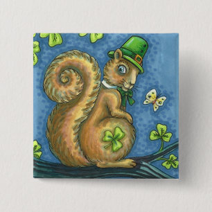 ST. PATRICK'S DAY IRISH LEPRECHAUN SQUIRREL, Lucky 2 Inch Square Button