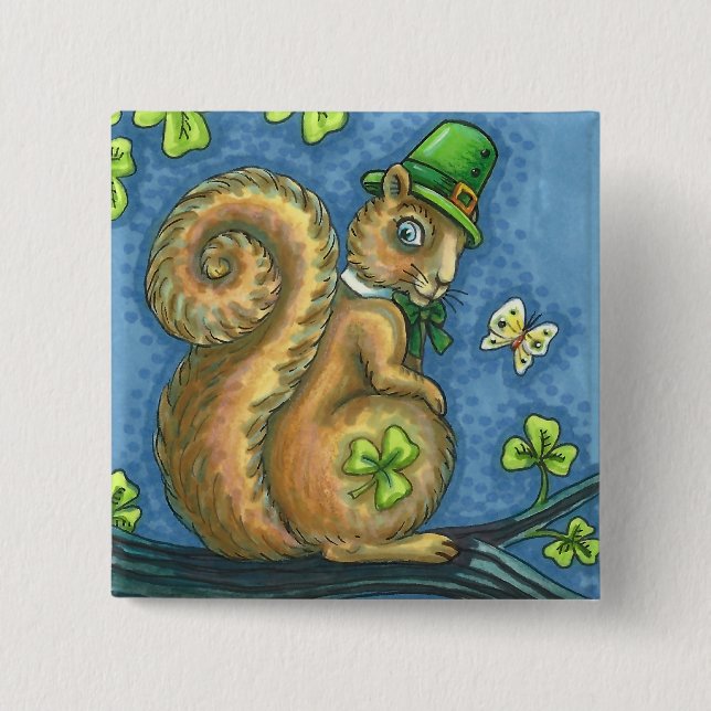 ST. PATRICK'S DAY IRISH LEPRECHAUN SQUIRREL, Lucky 2 Inch Square Button (Front)