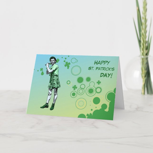 St. Patricks Day Irish Man Blowing Wind Instrument Card (Front)
