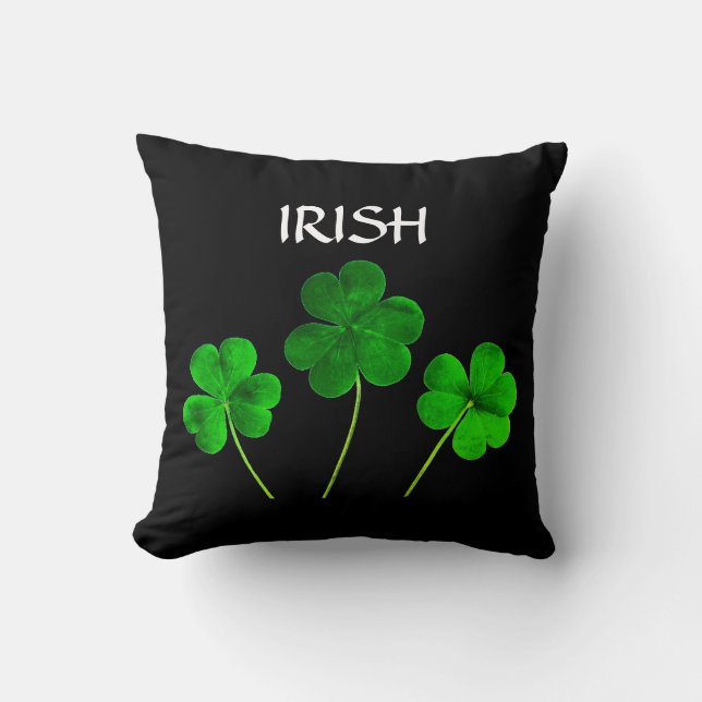 St Patrick's Day Irish Neon Green Shamrock Black Throw Pillow (Front)