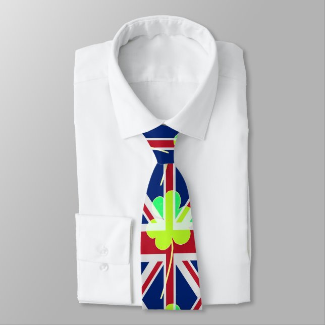 St. Patrick's Day Irish Shamrock Clover UK Flag Tie (Tied)