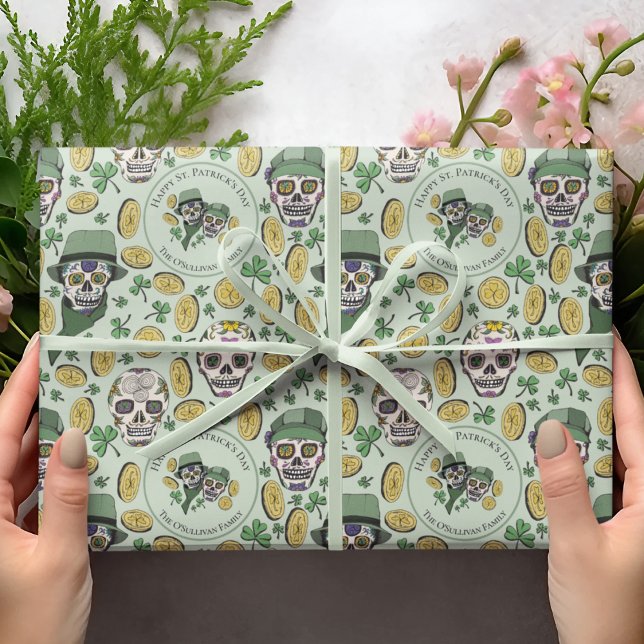St Patrick's Day Irish Sugar Skull Custom Wrapping Paper (Custom St Patrick's Hand-Drawn Design in Black Ink. Irish Sugar Skulls Dressed in Hats & Scarves. )