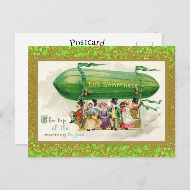 St Patrick's Day Irish Zeppelin Shamrocks Glitter Postcard (Front/Back)