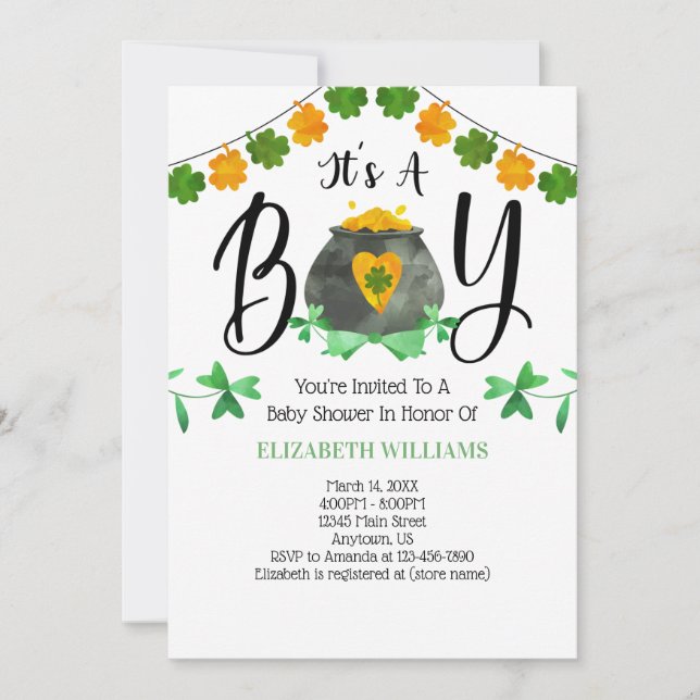 St. Patrick's Day It's A Boy Baby Shower Invitation (Front)