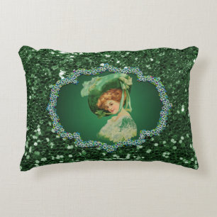 St Patricks Day Lady Green Frame Faux Glitter Accent Pillow