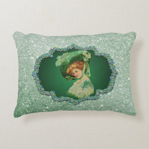 St Patricks Day Lady Green Frame Soft Faux Glitter Decorative Pillow