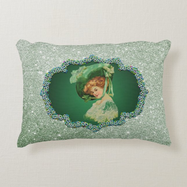 St Patricks Day Lady Green Frame Soft Faux Glitter Decorative Pillow (Front)