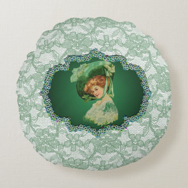 St. Patrick's Day Lady with Hat Green Frame & Lace Round Pillow (Front)