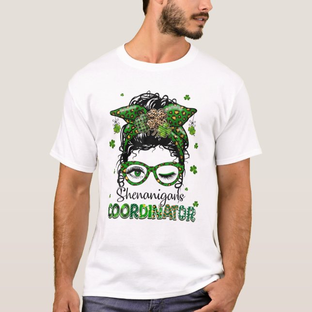 St Patrick's Day Leopard Messy Bun Shenanigans Coo T-Shirt (Front)
