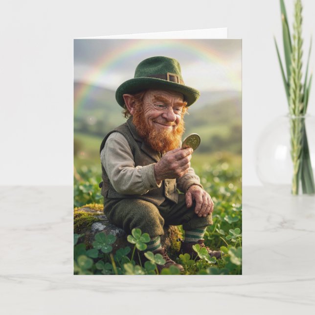 St. Patrick's Day Leprechaun Admiring a Gold Coin Card (Front)