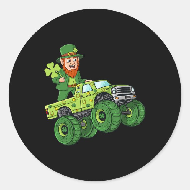 St Patricks Day Leprechaun Monster Truck Lucky Boy Classic Round Sticker (Front)