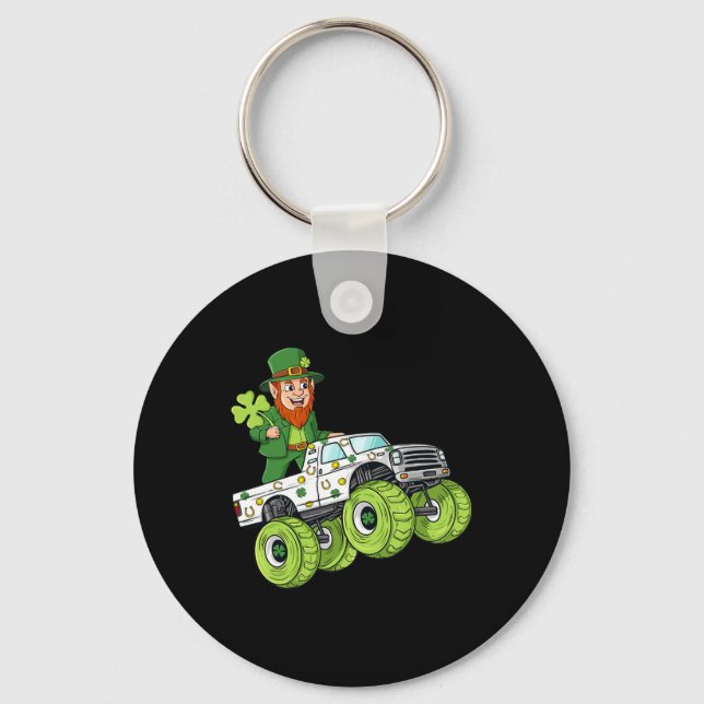 St Patricks Day Leprechaun Monster Truck Lucky Boy Keychain (Front)