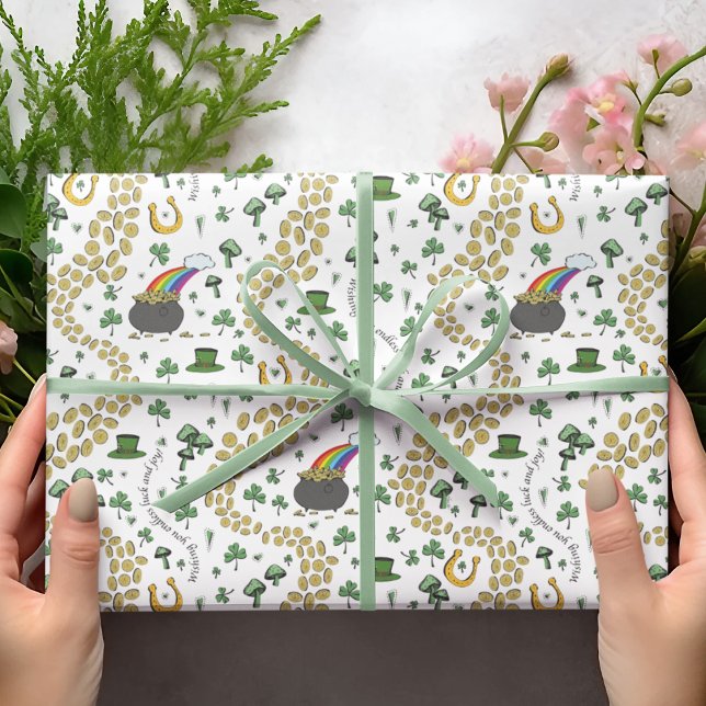 St. Patrick's Day Leprechaun Pot of Gold Wrapping Paper (St Patrick's Hand-Drawn Design in Black Ink. Pot of Gold, Shamrocks, Green Clovers, Horseshoe, Coins)