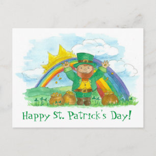 St. Patrick's Day Leprechaun Rainbow Pot Of Gold Postcard