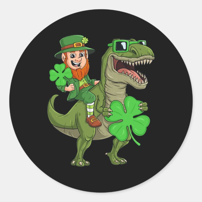 St Patricks Day Leprechaun Riding T Rex Fun Dino B Classic Round Sticker (Front)