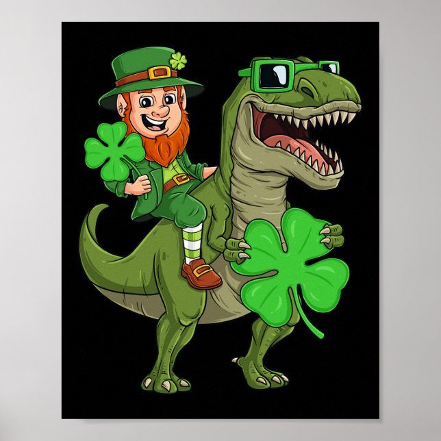 St Patricks Day Leprechaun Riding T Rex Fun Dino B Poster (Front)