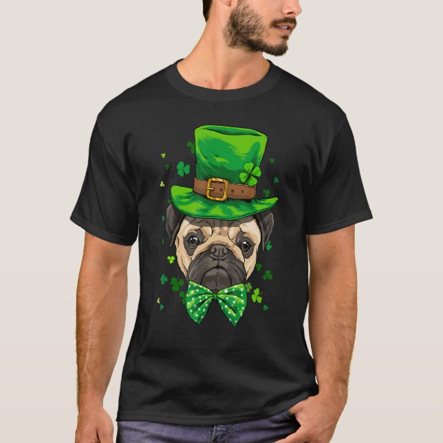 St Patrick's Day Leprechaun Shamrock Pug Dog  Iris T-Shirt (Front)