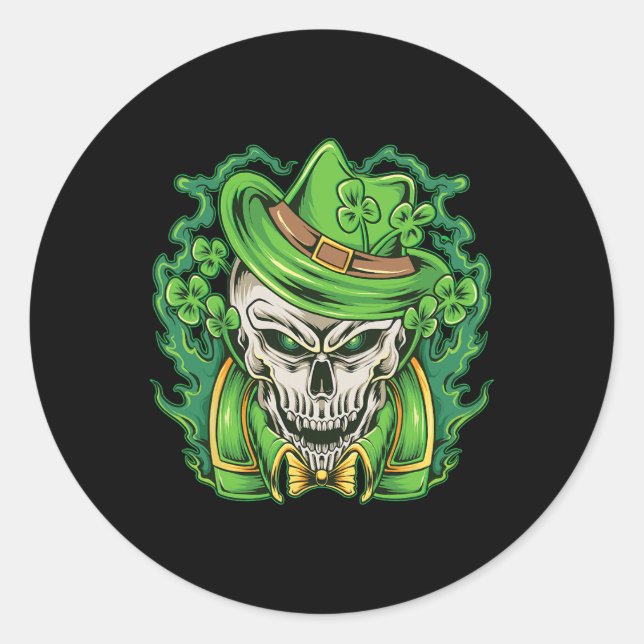 St Patricks Day Leprechaun Skull Shamrock  Classic Round Sticker (Front)