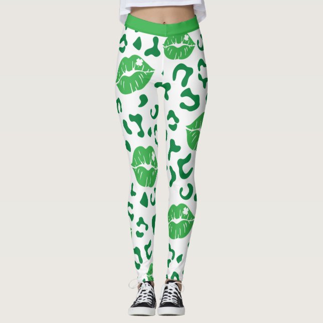 St. Patrick's Day Lips Kiss Green Shamrock Clover Leggings (Front)