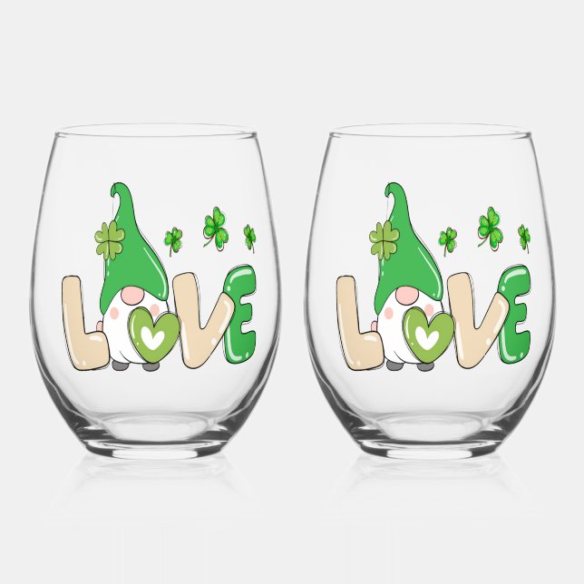 St Patrick's Day Love Gnome Stemless Wine Glass (Front)