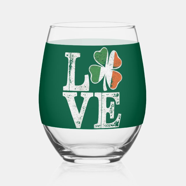 St Patricks Day Love Lucky Irish Shamrock Green  Stemless Wine Glass (Back)