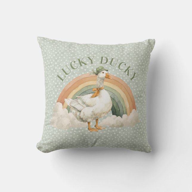  St Patrick's Day Lucky Ducky with Rainbow Throw Pillow (Front)