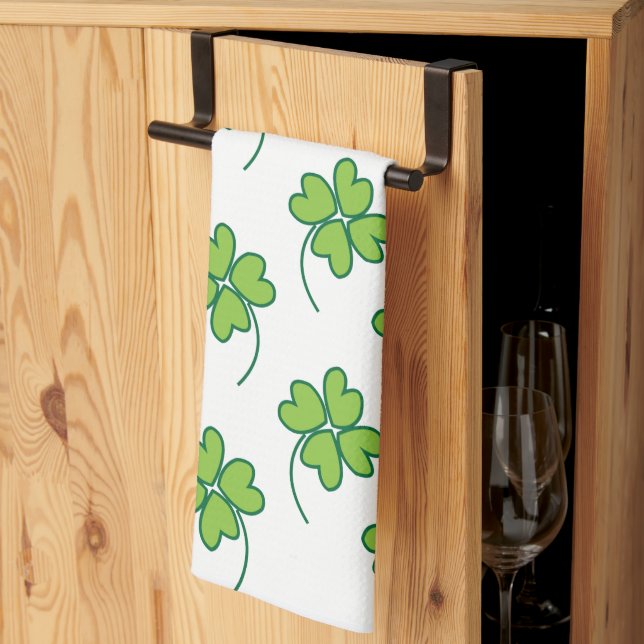 St Patricks Day Lucky Four Leaf Clover Kitchen Towel (Thirds Fold)