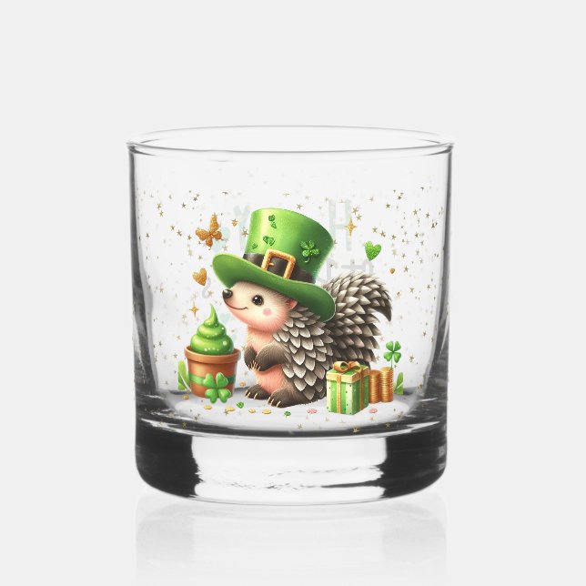 St. Patrick's Day Lucky Hedgehogs Whiskey Glass (Front)