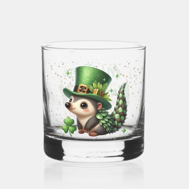 St. Patrick's Day Lucky Hedgehogs Whiskey Glass (Front)