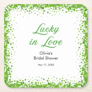 St Patrick's Day Lucky in Love Bridal Shower  Square Paper Coaster