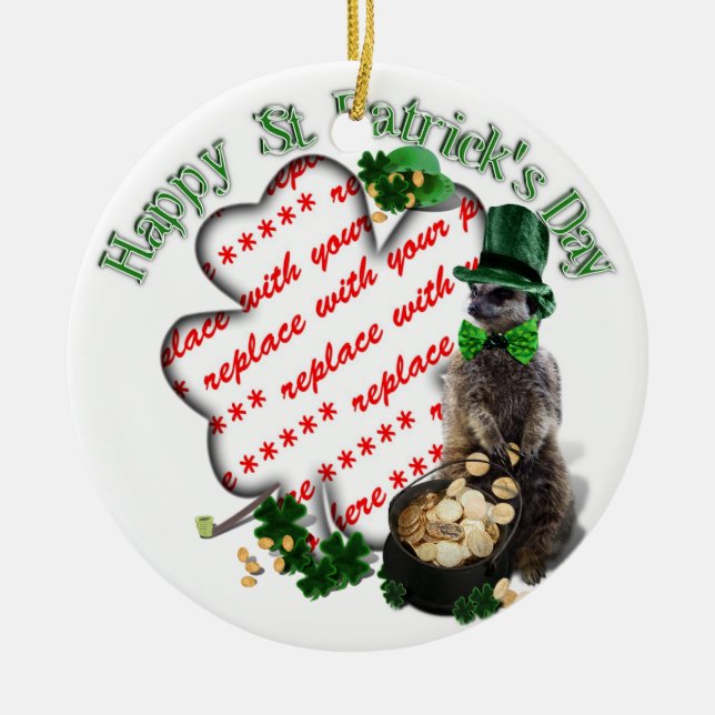 St Patrick's Day Lucky Meerkat Shamrock Frame Ceramic Ornament (Front)